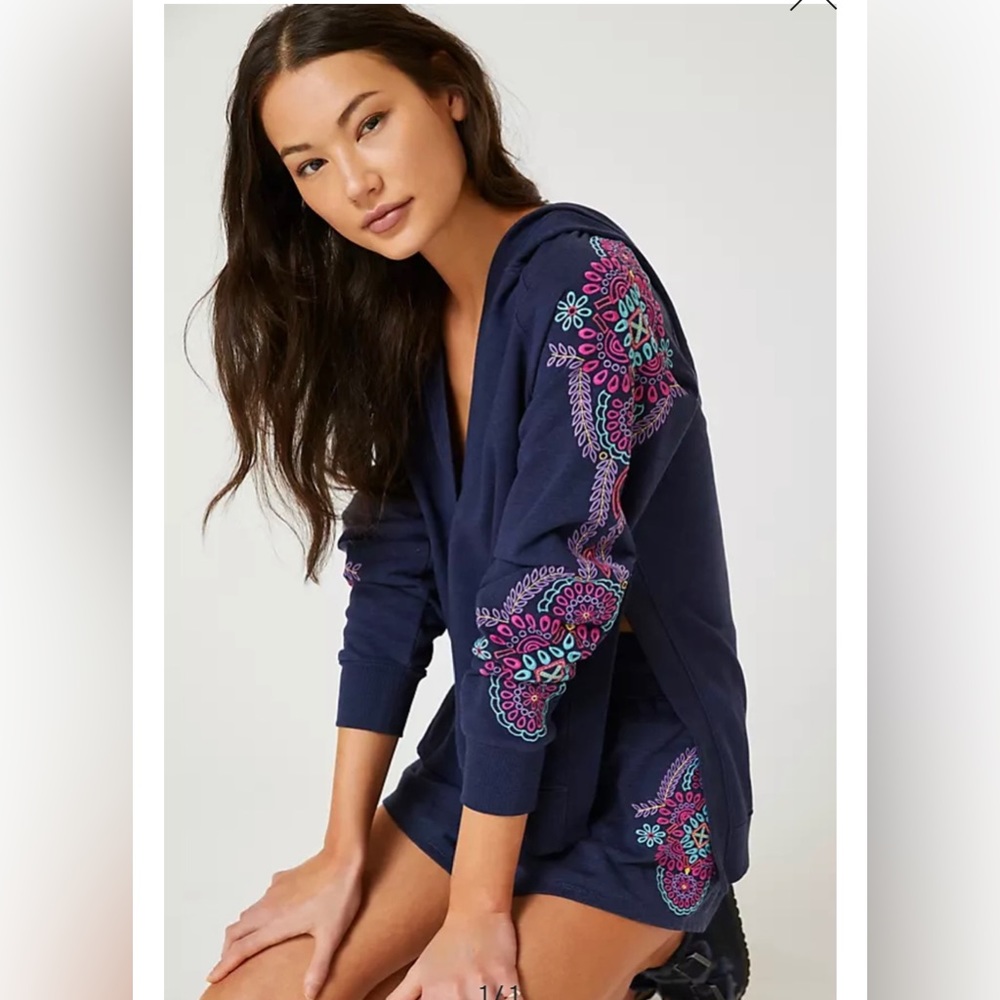 Daily Practice by Anthropologie Embroidered Navy Hoodie NWT